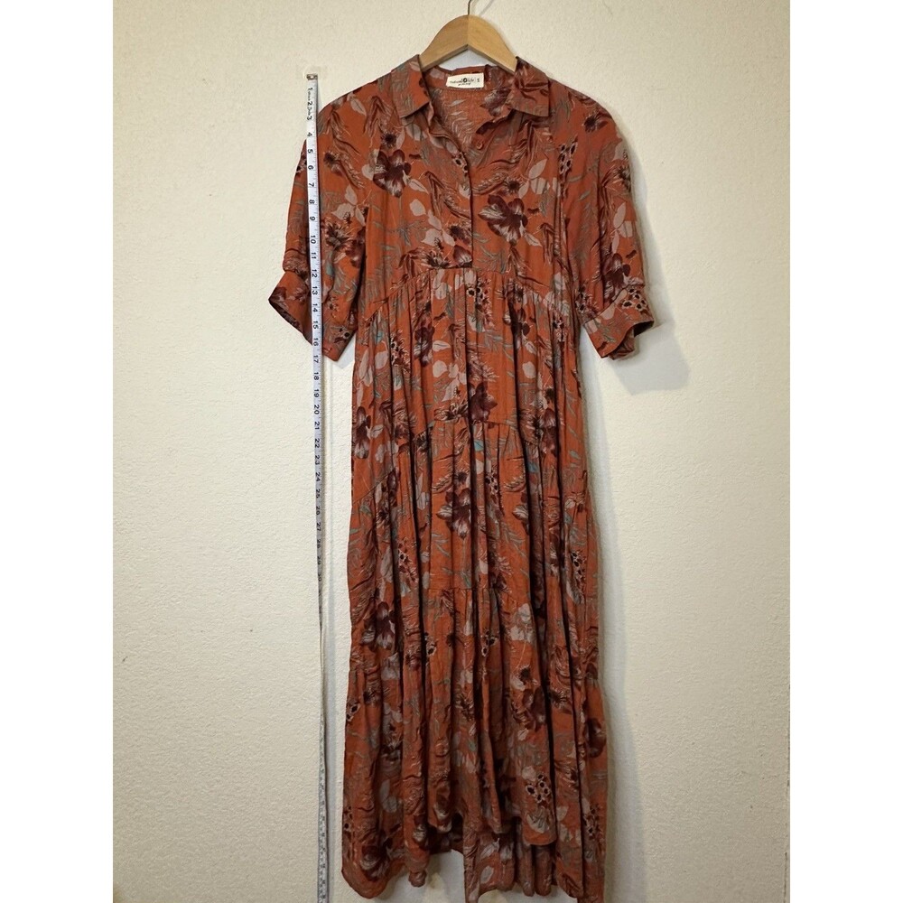 Natural Life Rebecca Rust Orange Floral Short Sleeve Tiered Midi Dress Size S